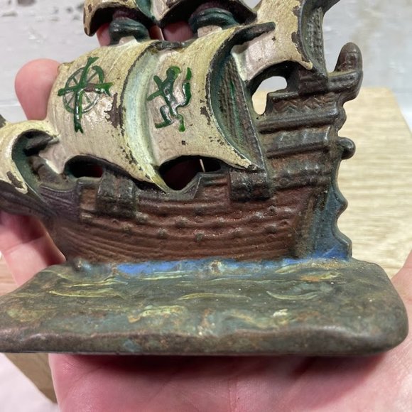 Vintage Connecticut Foundry Pirate Galleon Cast Iron Painted Bookends Pirates - Picture 10 of 15